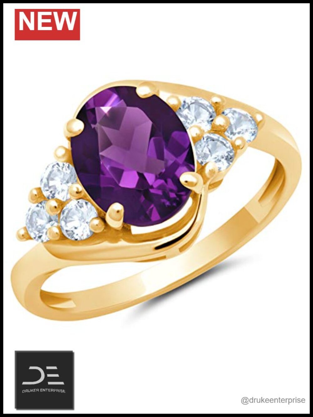 10k Gold Oval Amethyst Sunburst Halo Ring Created White Sapphire Size 7
